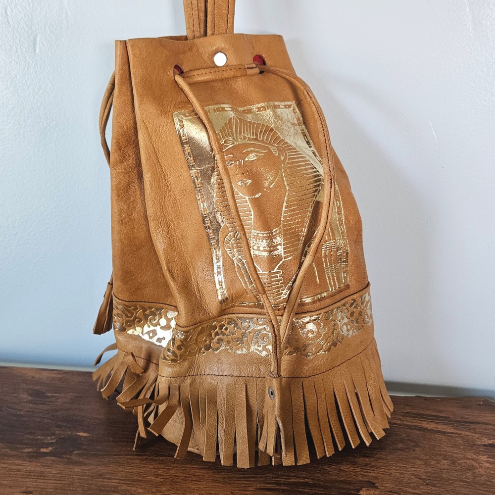 Vintage Tan Leather 70s Egyptian Revival Fringe Bucket Bag Gold Foil Pharaoh